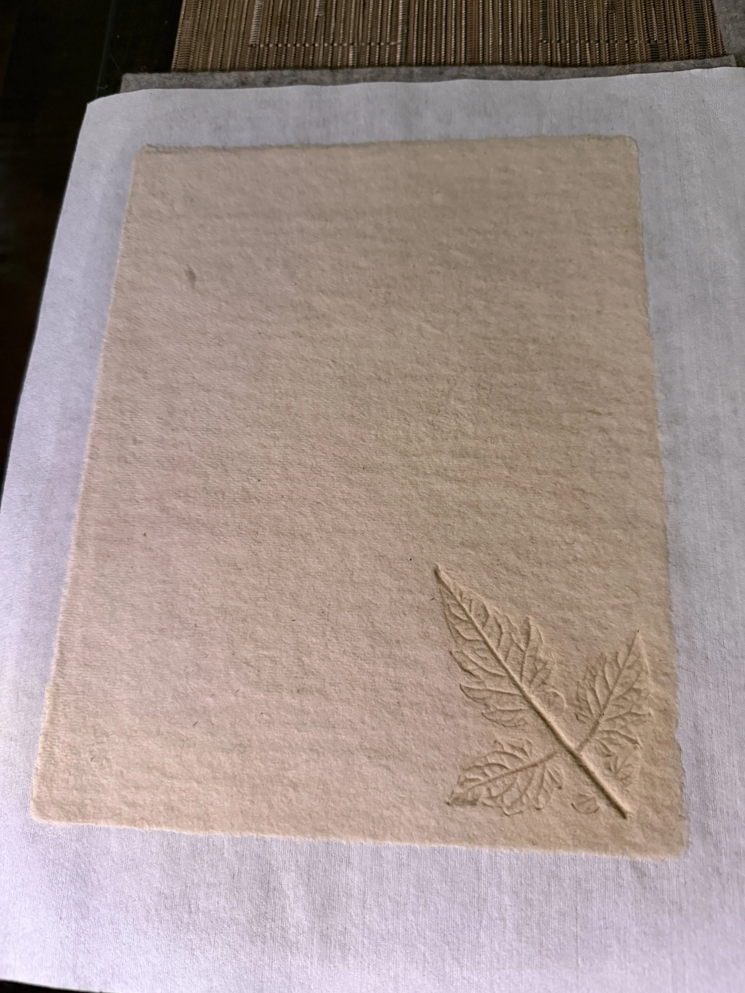 Handmade memorial paper with a botanical leaf impression