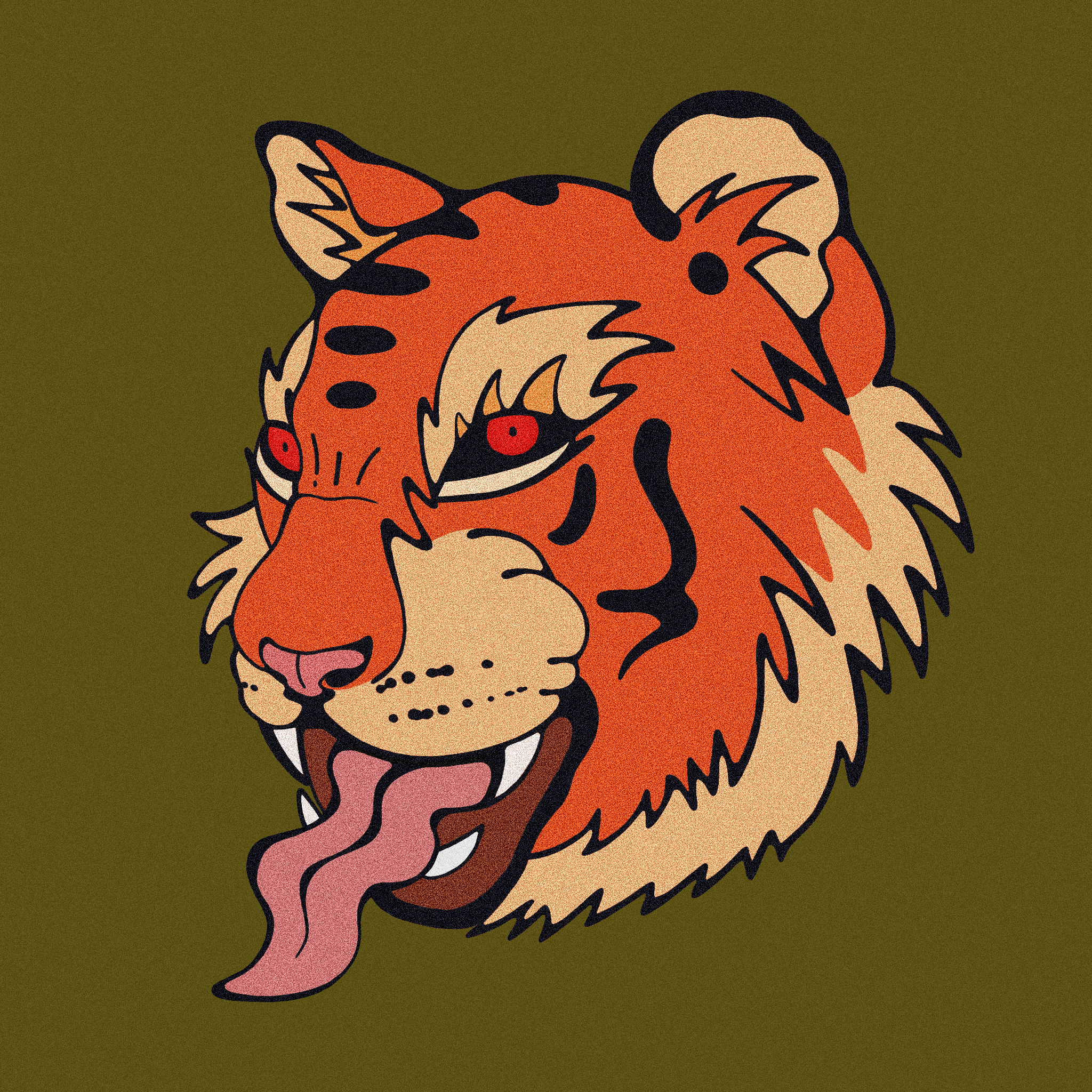 Illustration of a stylized tiger's face with orange fur, black stripes, and pink tongue, set against a solid green background.