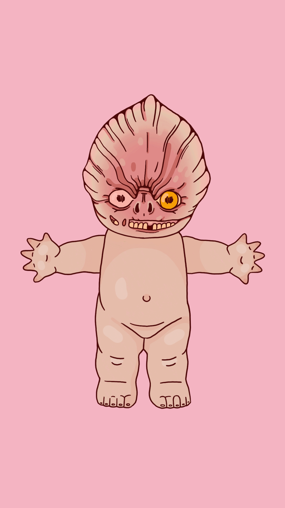 A cartoon baby with a strange alien-like face, beige skin, and a large head that resembles a mushroom with pinkish-brown shading, thin black lines, and small dot details. The baby has one eye wide open with a yellow iris and the other eye closed, a crooked toothy grin, and small hands with extended fingers. The background is solid pink.