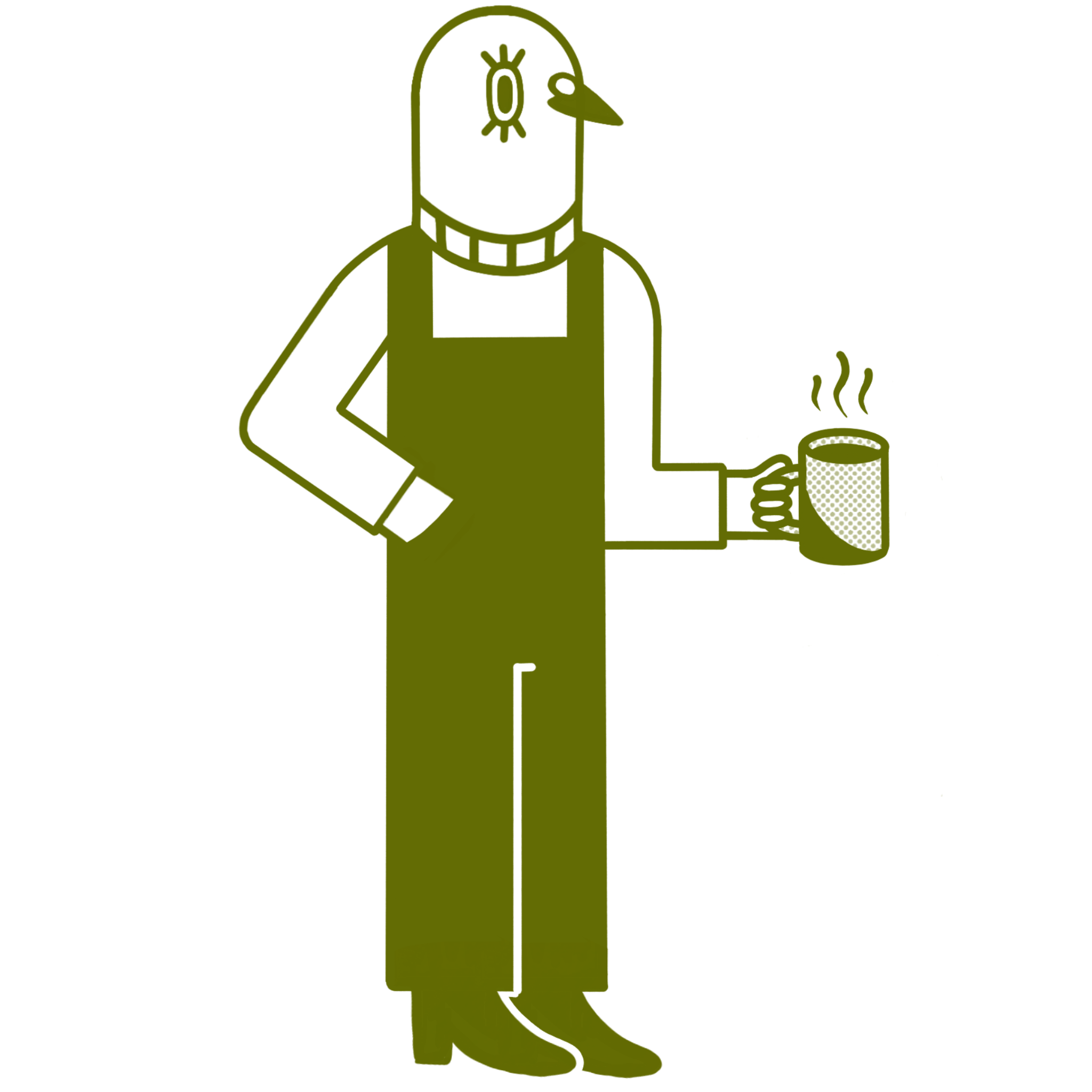 Outline drawing of a person cooking, wearing an apron, stirring a pot with steam, and a bird on their head.