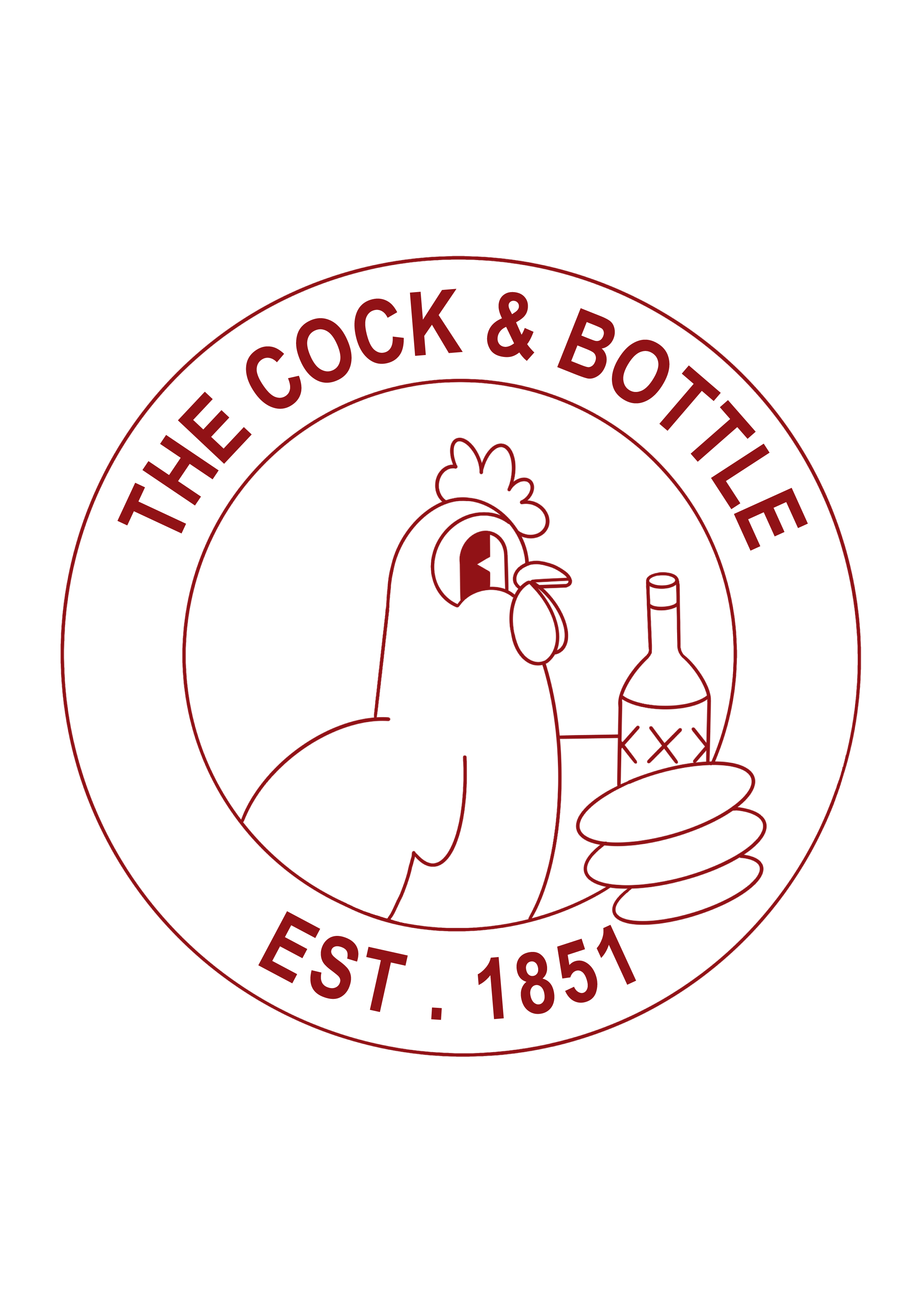 A design featuring the text 'The Cock & Bottle Est. 1851' in a circular layout, with a line drawing of a chicken holding a bottle in its beak, and a hand holding a bottle in front of it, all in red lines on a black background.