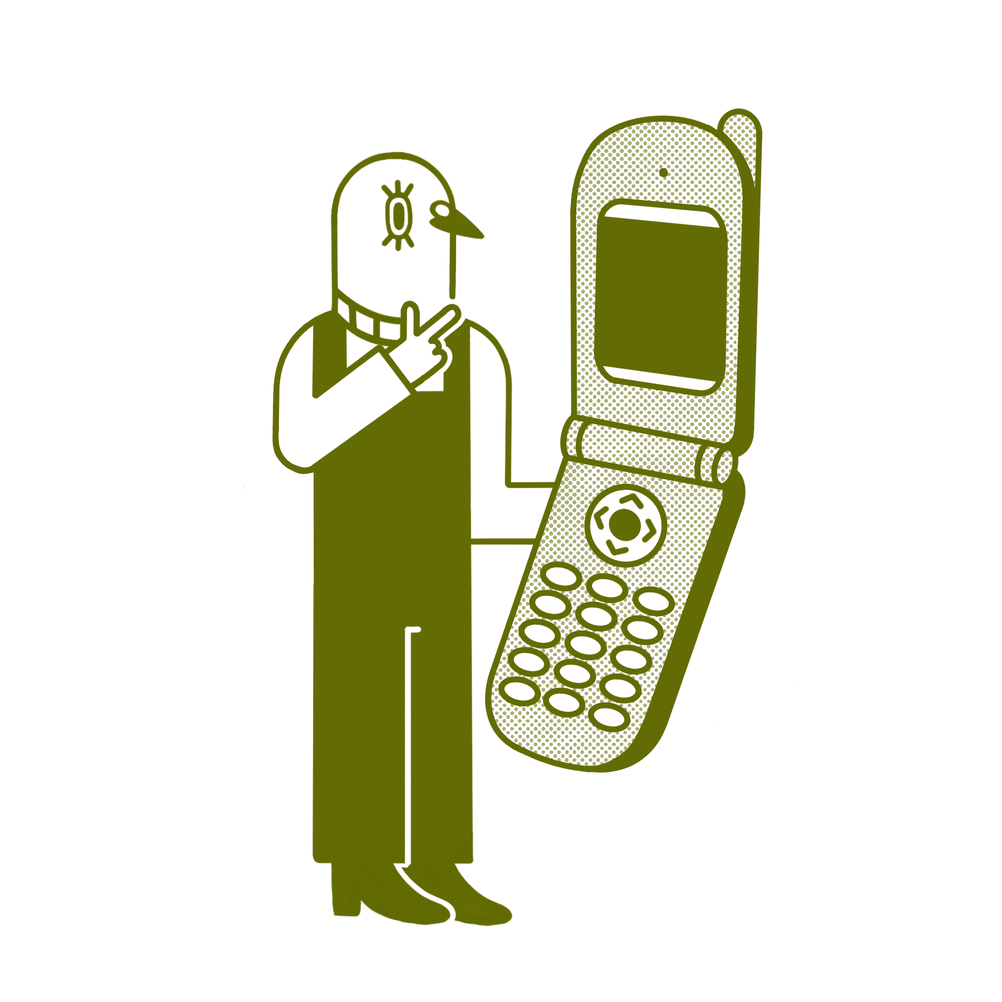 An illustration of a pigeon holding an oversized flip-phone.