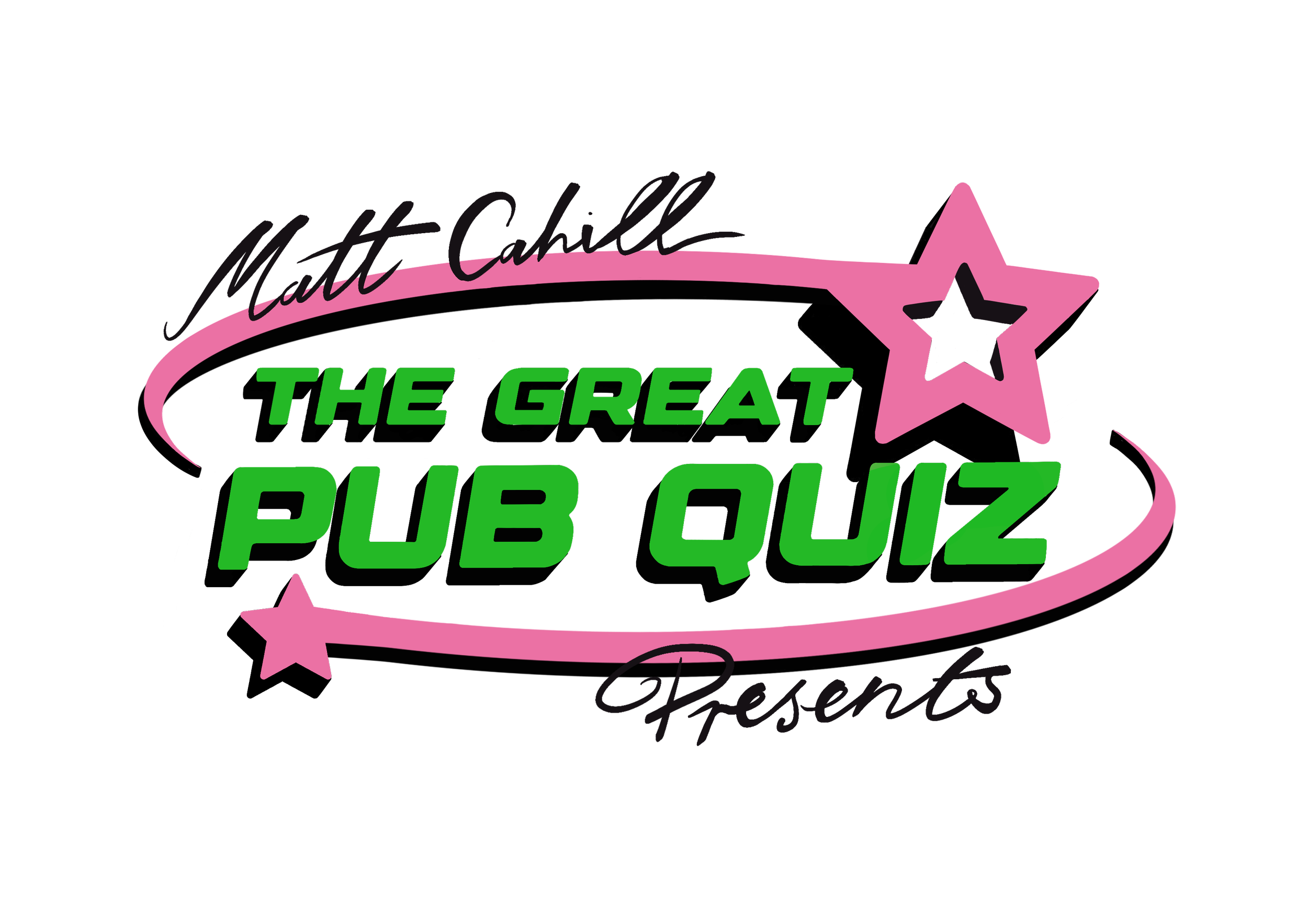 Neon sign with the text 'Marie Cahill presents THE GREAT BURLESQUE' in pink and green colors, featuring a black star and decorative pink stars.