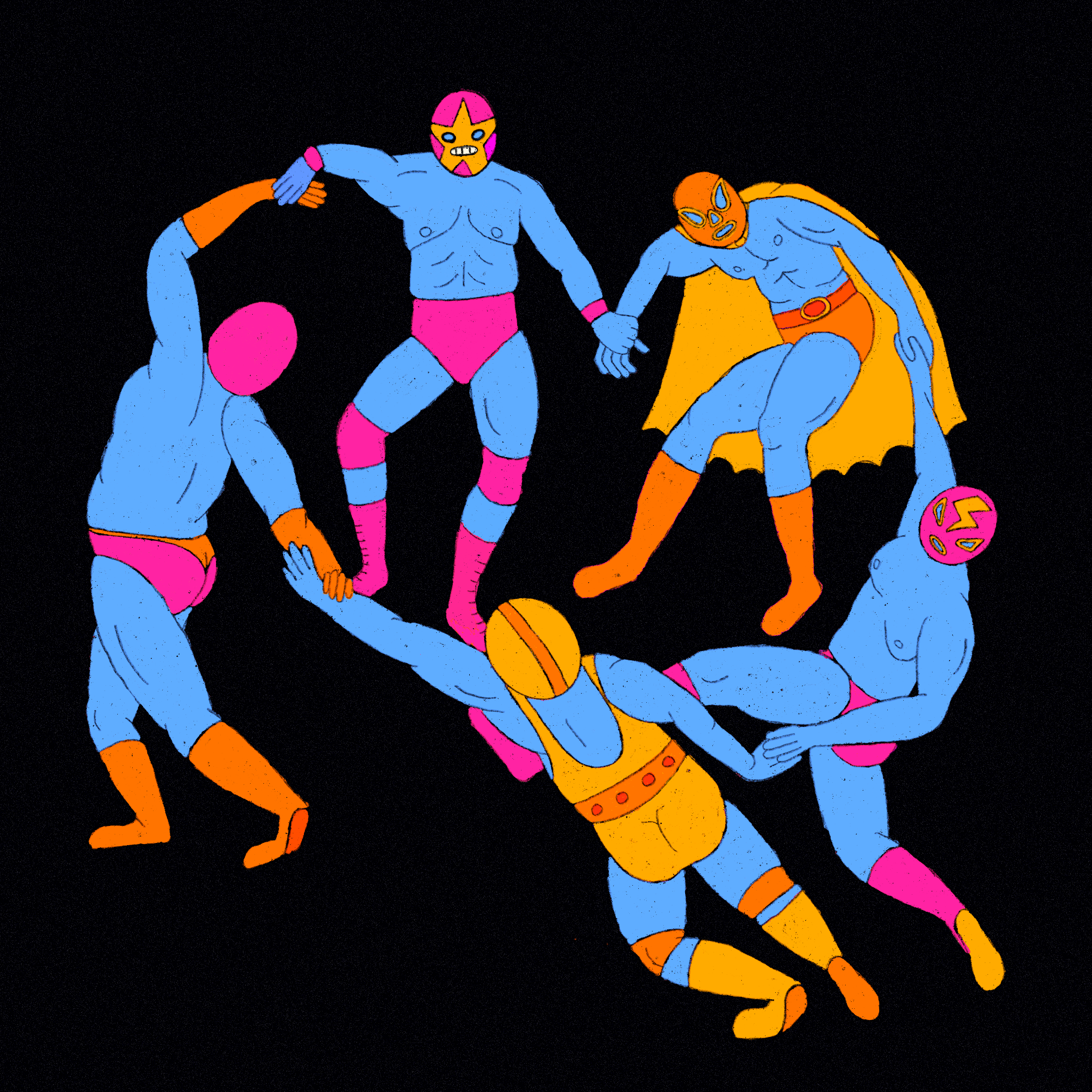 Five blue wrestling characters wearing colourful masks are depicted recreating matisse's 'The Dance' against a black background.