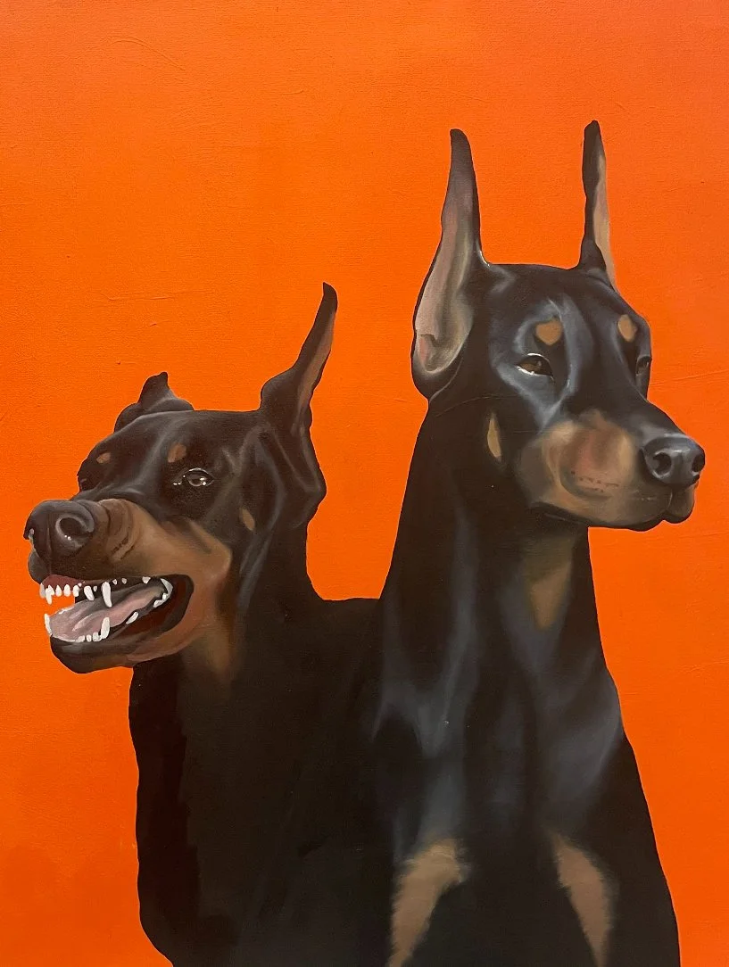 Painting of two Doberman dogs against an orange background, one with a fierce expression and the other with a calm look.
