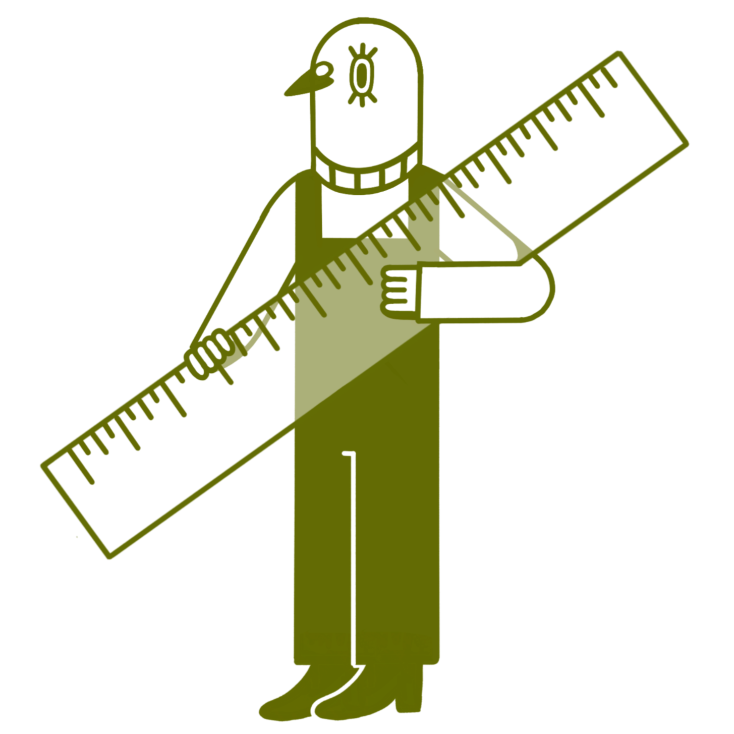 An illustration of a pigeon holding a large ruler in its wing, standing on two legs.