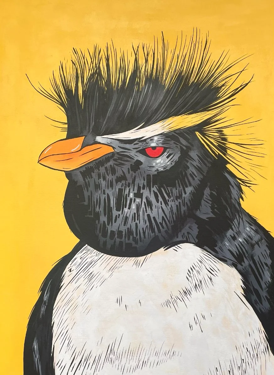 Illustration of a penguin with a mohawk hairstyle, red eye, orange beak, white chest, black face and body, yellow background.