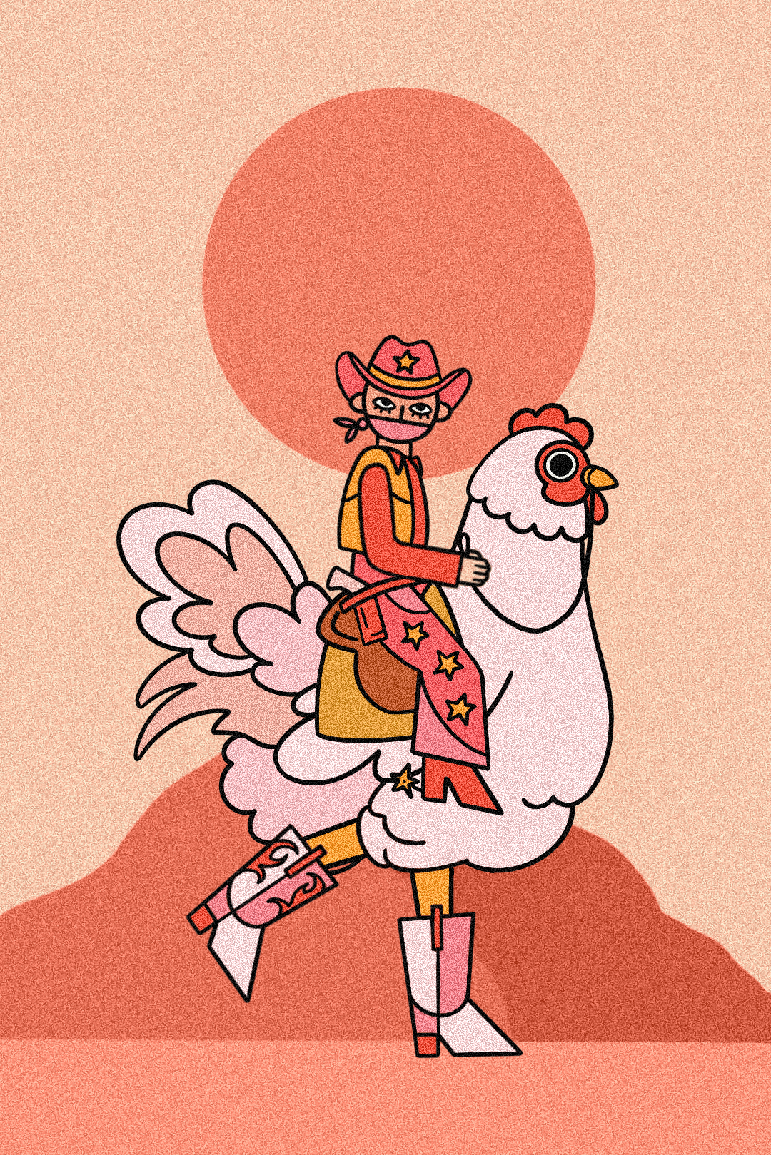 A cartoon illustration of a person wearing cowboy boots, riding a chicken against a pink and orange sunset background.