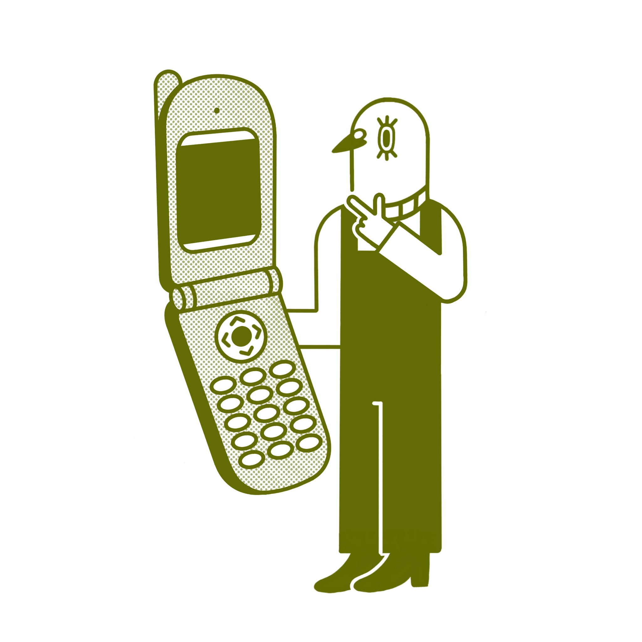 An illustration of a pigeon holding an oversized flip-phone.