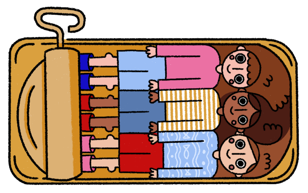 An illustration of children lying down inside a sardine can.