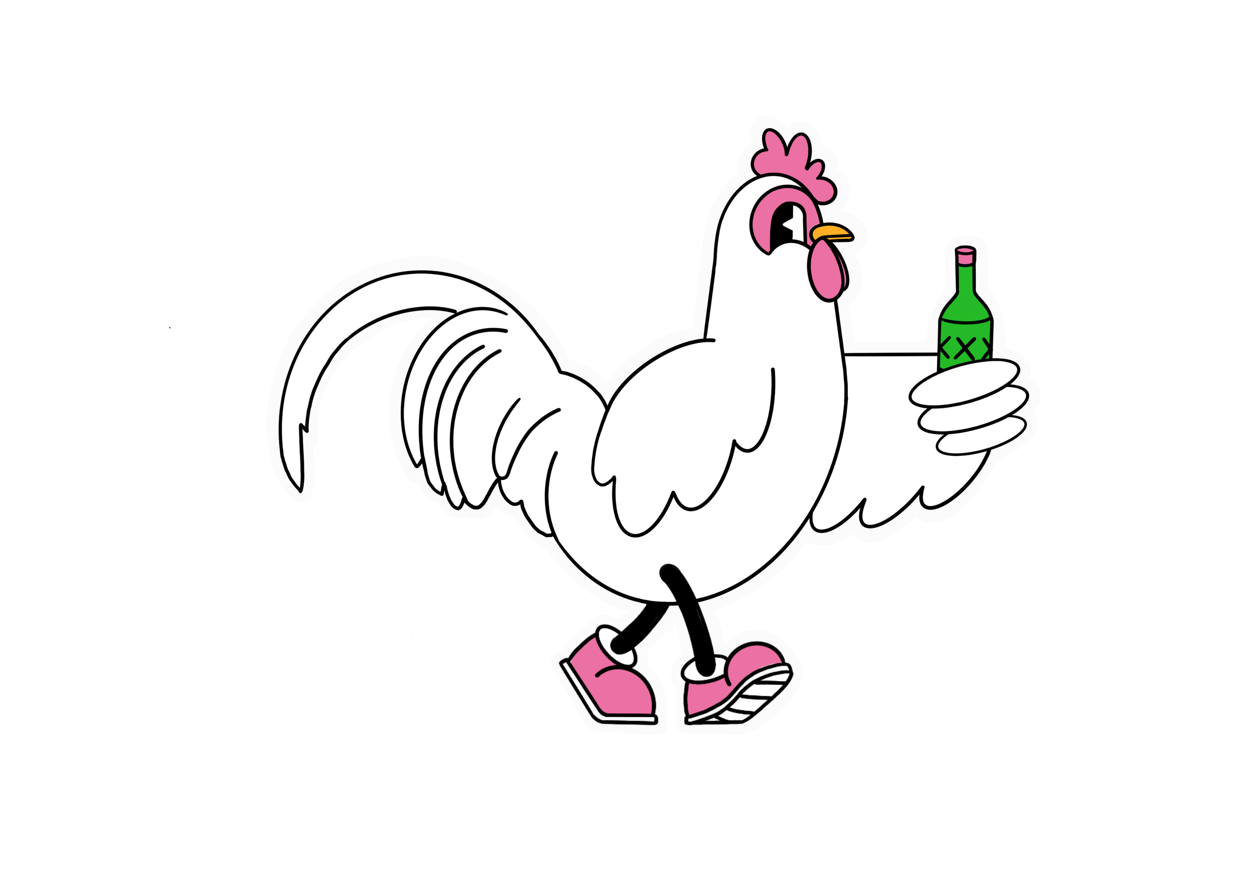 A cartoon chicken walking while holding a bottle of wine, wearing pink shoes and a pink hat.