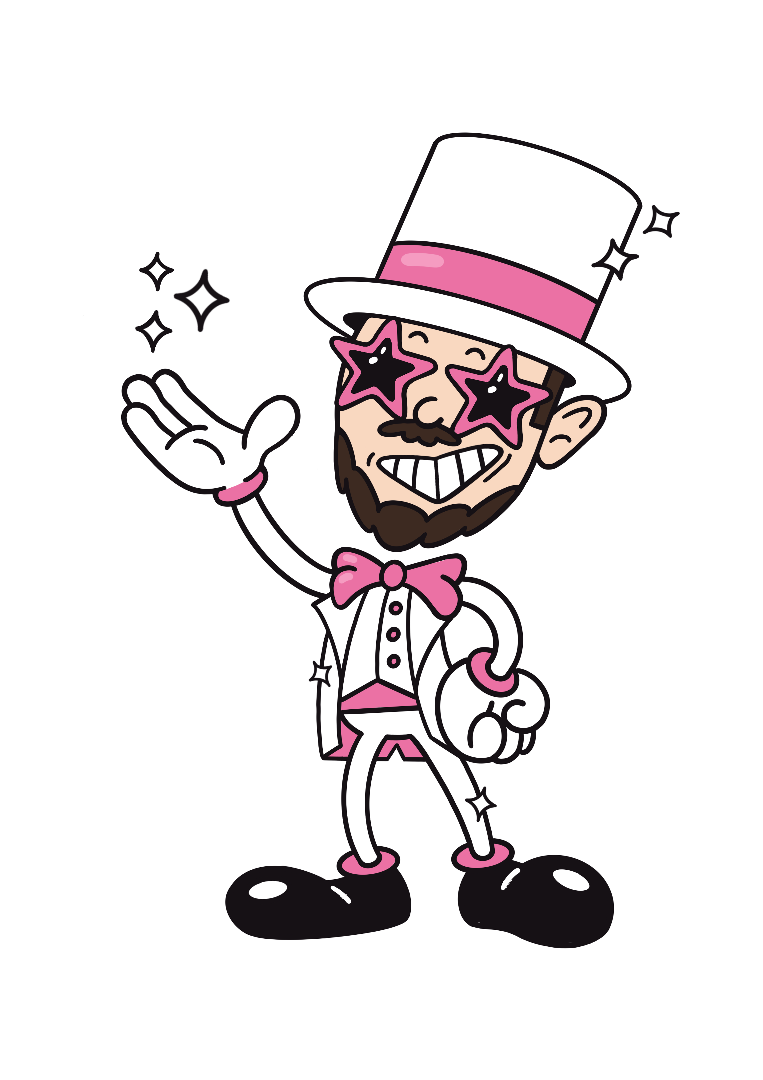 A cartoon character with a beard and mustache, wearing a white top hat with a pink band, star-shaped sunglasses, a white suit with pink accents, and large black shoes. The character is smiling, tipping a white glove in a cheerful gesture.