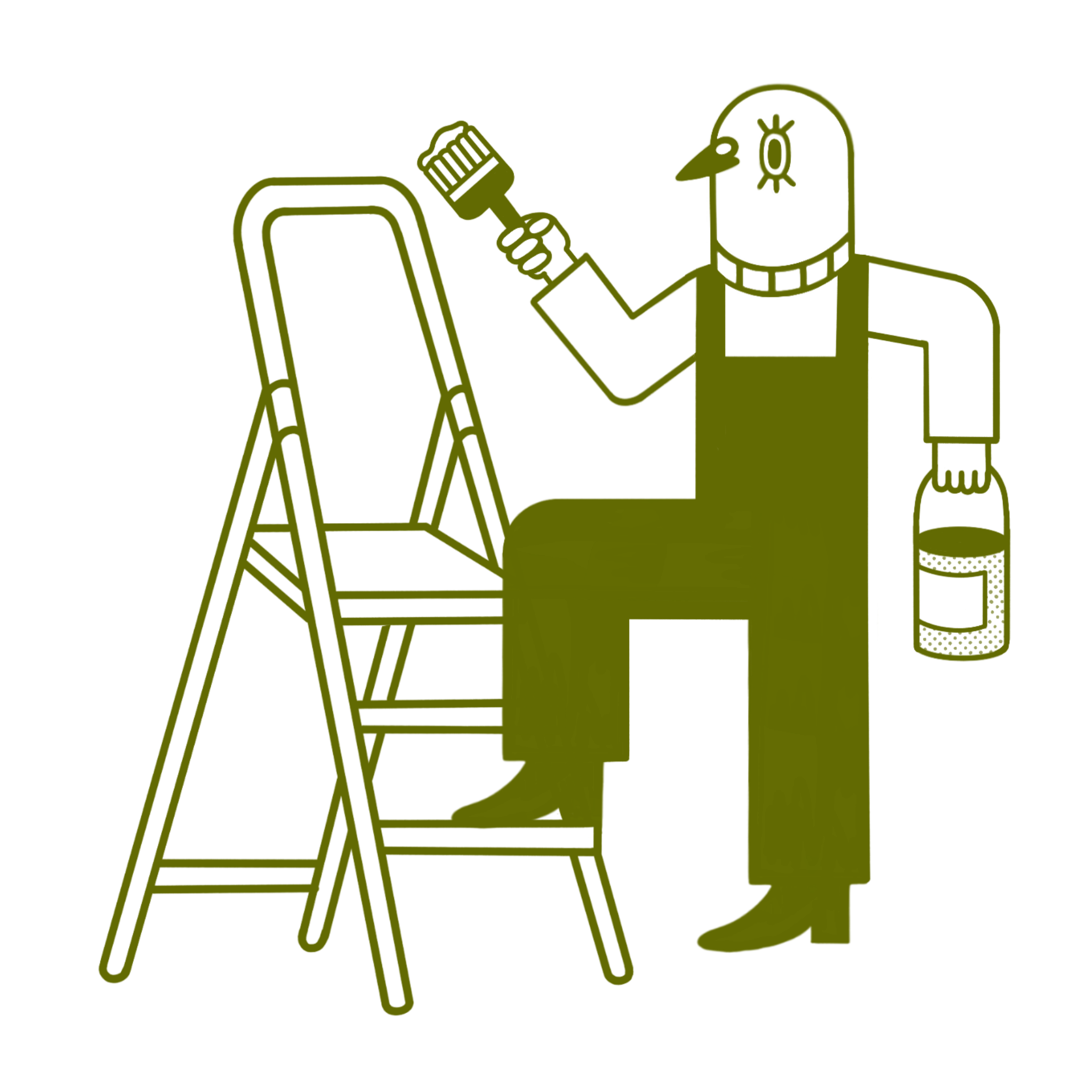 An illustration of a pigeon climbing a ladder, holding a paintbrush in one hand and a paint bucket in the other.