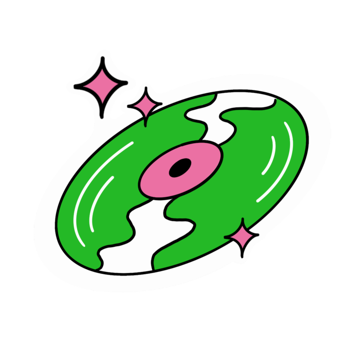 A cartoon sticker of a watermelon slice with sparkling stars around it.