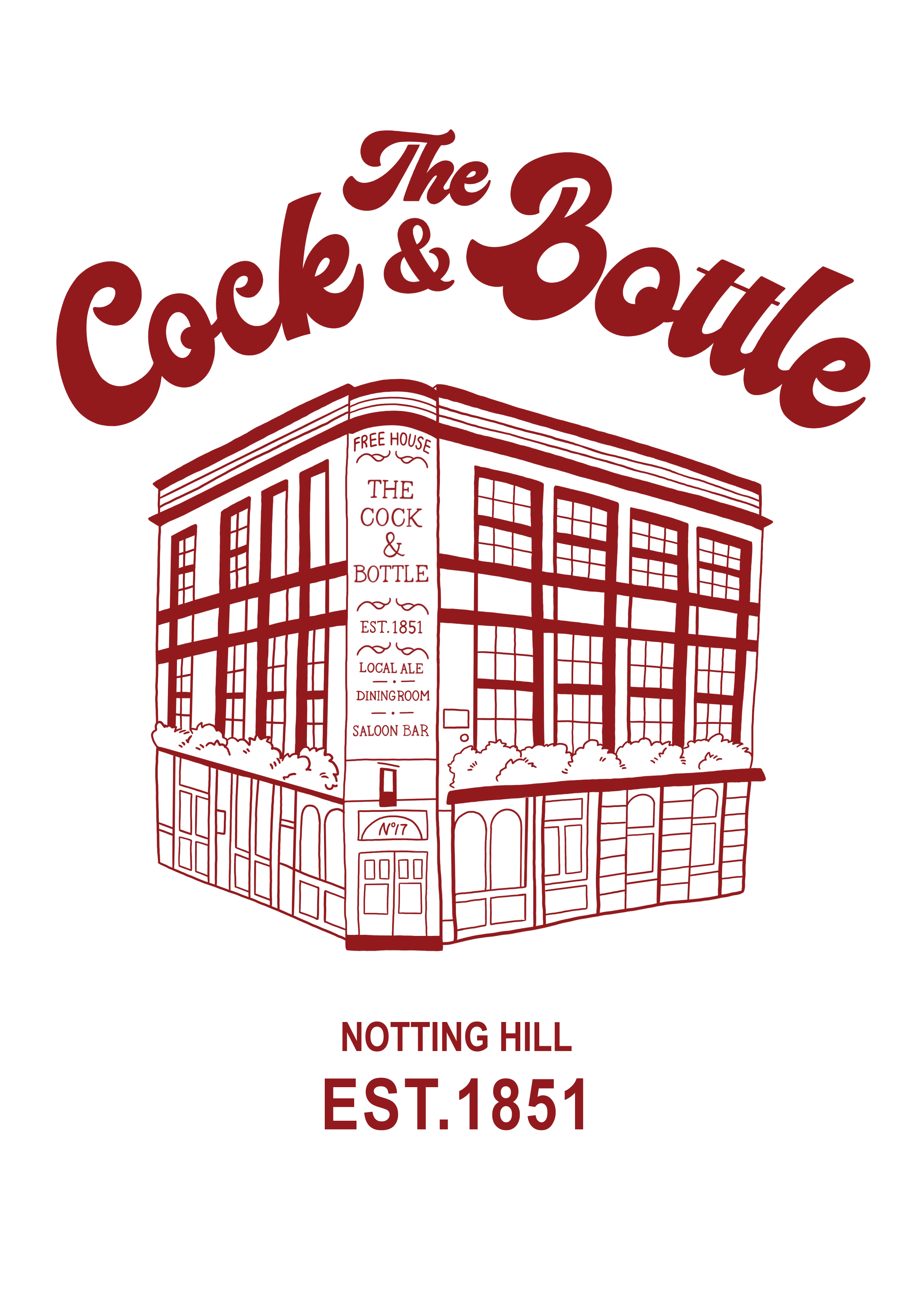 Illustration of a building with the name 'The Cock & Bottle' and signage indicating it is a free house established in 1851, located on Notting Hill.