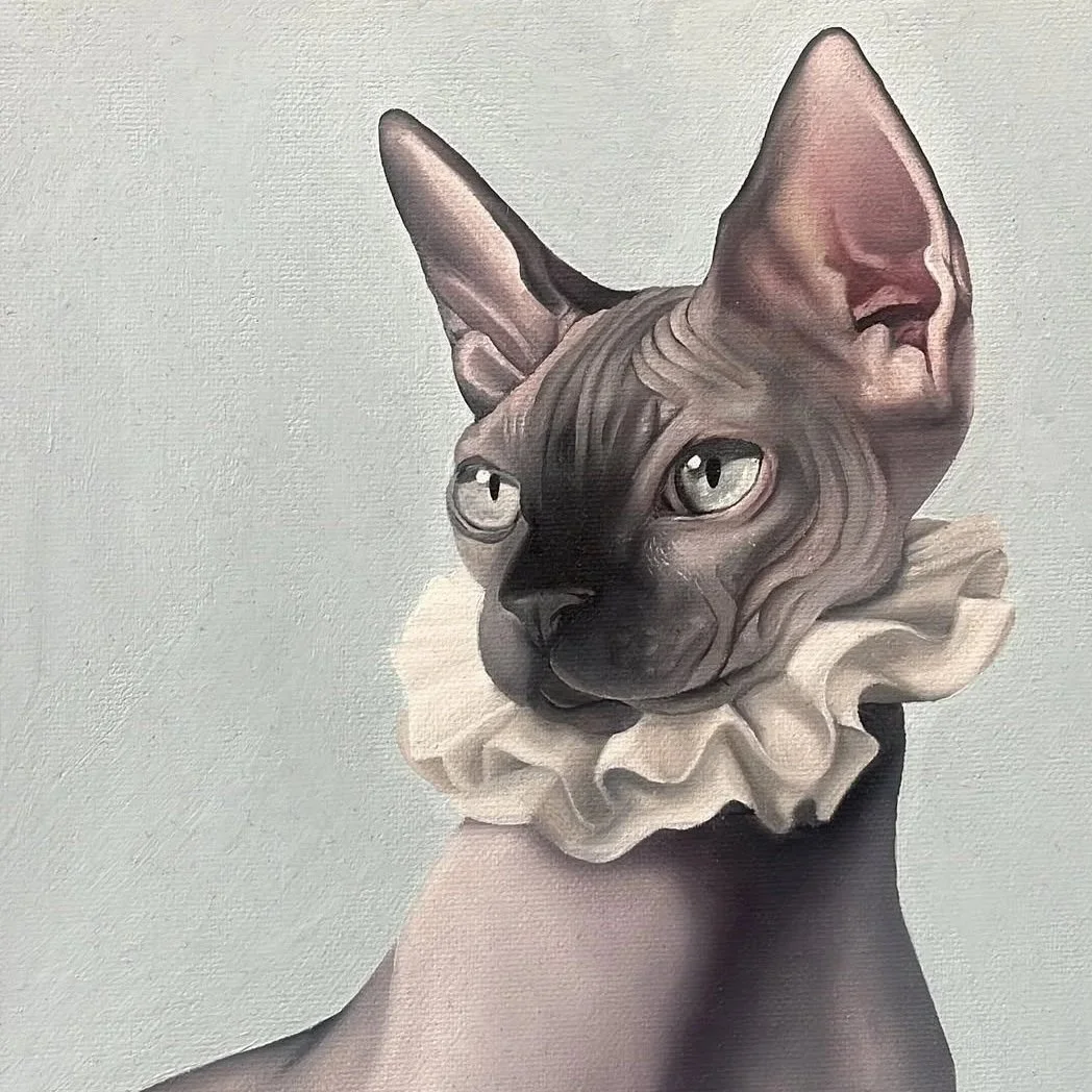 A painting of a Sphynx cat wearing a ruffled white collar.