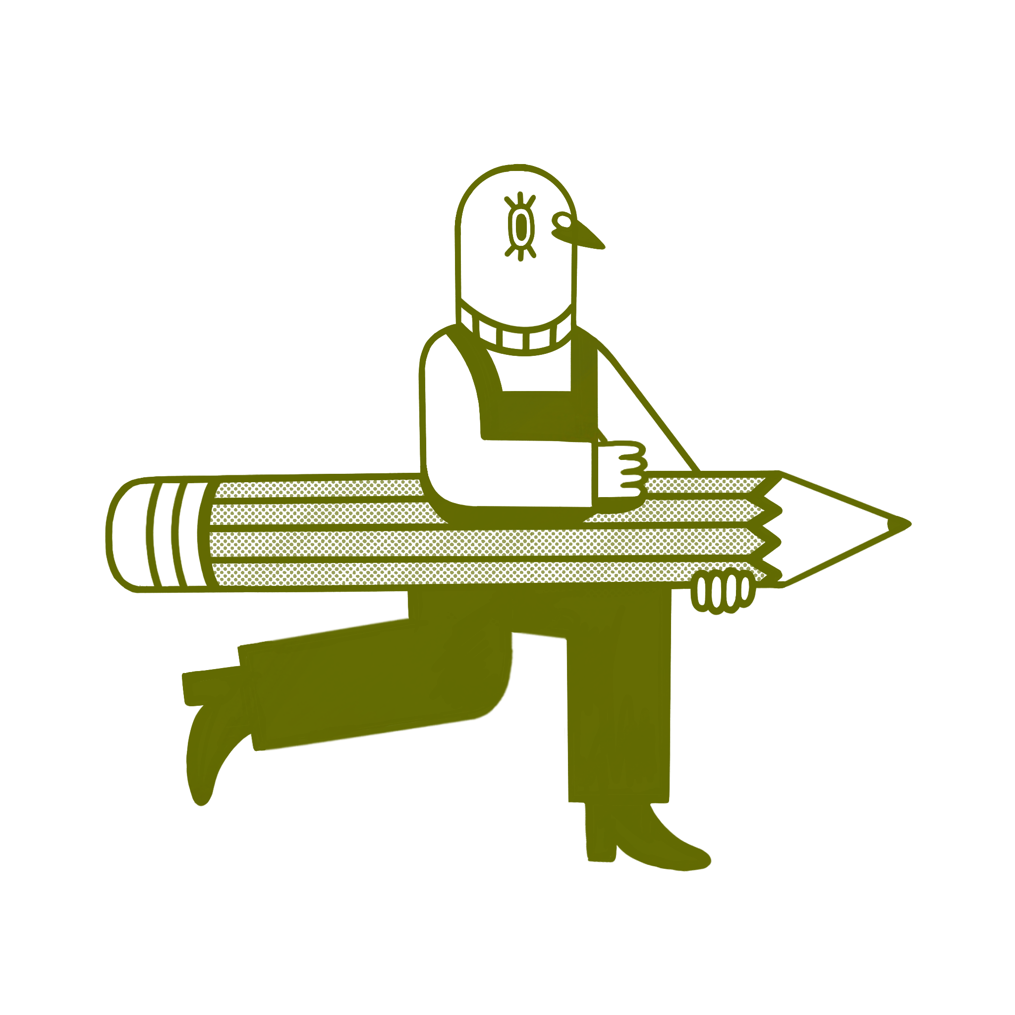 An illustration of a pigeon holding an oversized pencil.