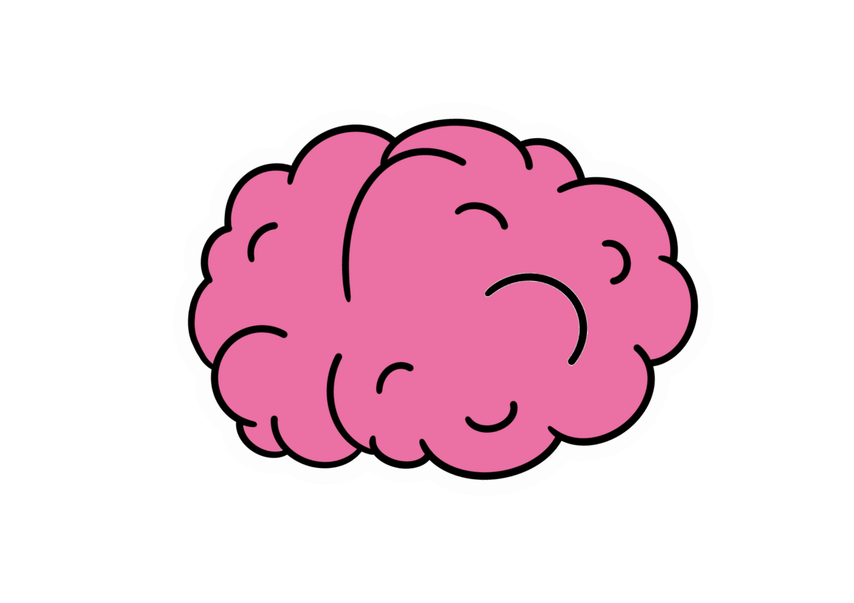 Cute cartoon illustration of a pink brain with a smiling face, outlined in black.
