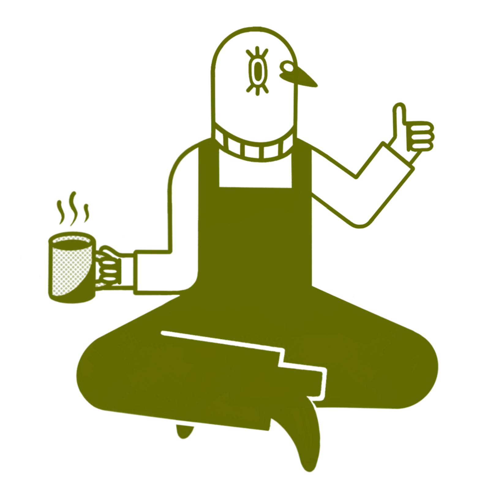 Line drawing of a pigeon sitting cross-legged with a coffee mug and giving a thumbs-up.