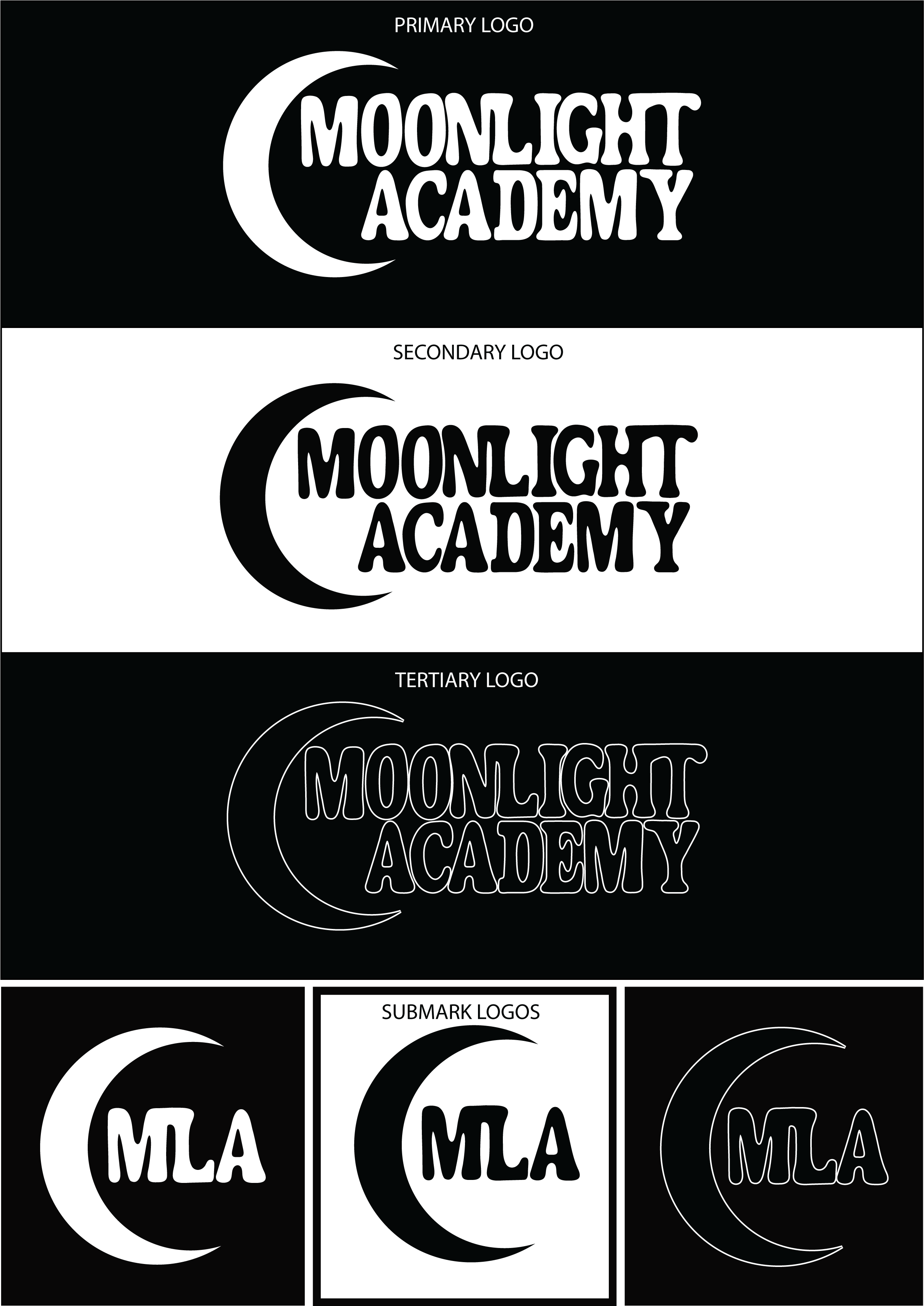 Different logo designs for 'Moonlight Academy' featuring a crescent moon and stylized text, shown in various color schemes.