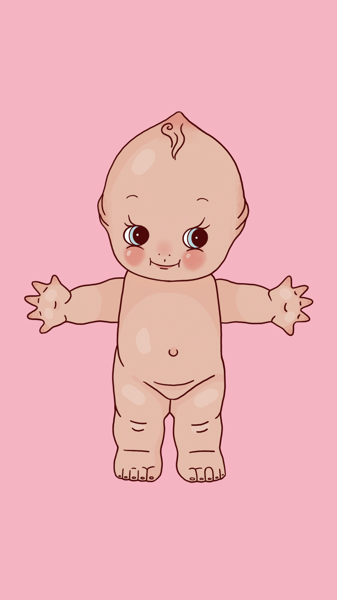Cartoon baby with big eyes, light skin, and a swirl on top of the head, standing against a pink background.