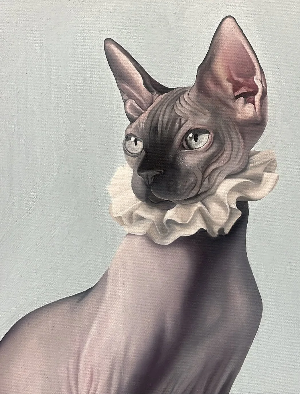 Painting of a Sphynx cat with a ruffled collar, with a light background.
