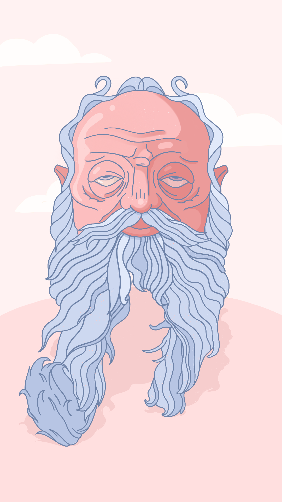 Drawing of an old man with a long, flowing beard and mustache as legs. wearing a serene expression, set against a soft pink background with white clouds.