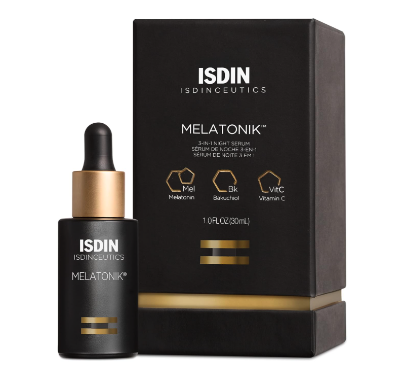 Black box and bottle of ISDIN Melatonik 3-in-1 night serum with gold accents, featuring ingredients melatonin, bakuchiol, and vitamin C.