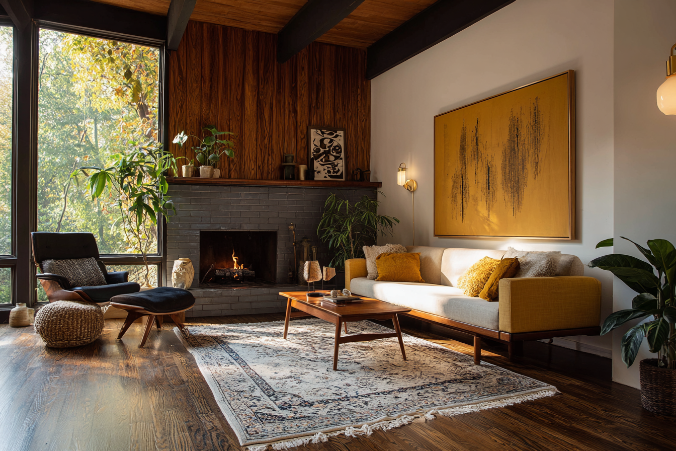 Living room with a fireplace, large window showing trees, modern furniture, artwork, and plants.