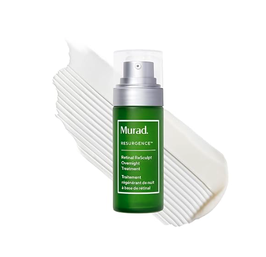 Green bottle of Murad Resurgence Retinal ReSculpt Overnight Treatment with white cream and textured white background.