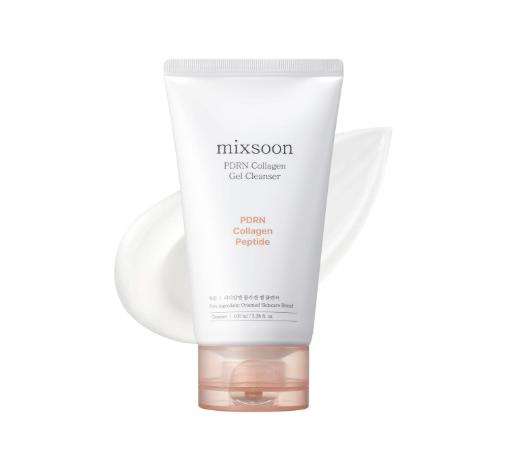 A white tube of Mixsoon PDRN Collagen Gel Cleanser with a beige cap, standing in front of a dollop of the gel cleanser on a white background.
