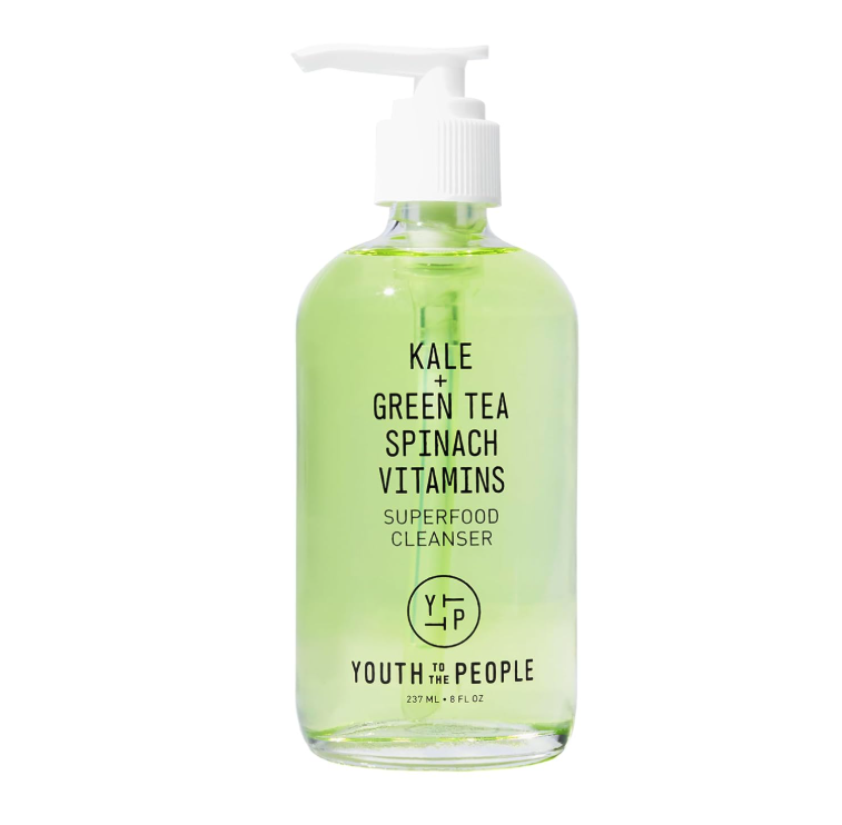 Light green cleanser bottle with pump from Youth to the People, labeled 'Kale + Green Tea Spinach Vitamins Superfood Cleanser'.