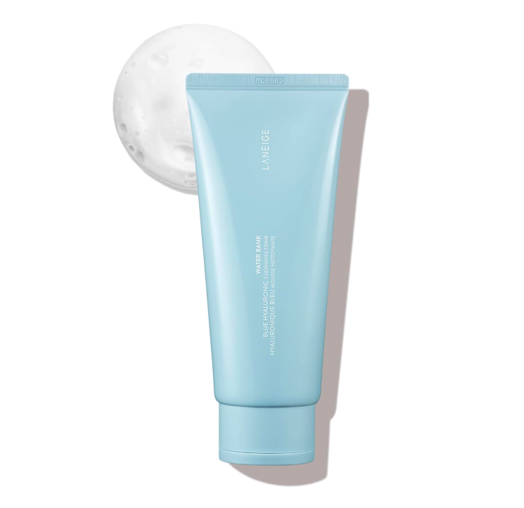 A light blue tube of Laneige Water Bank Hydro Gel located next to a dollop of white cream, both on a white background.