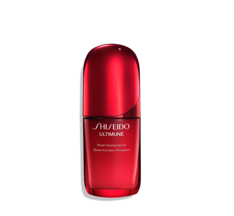 Red bottle of Shiseido Ultimune Power Infusing Serum with a metallic finish and curved design.