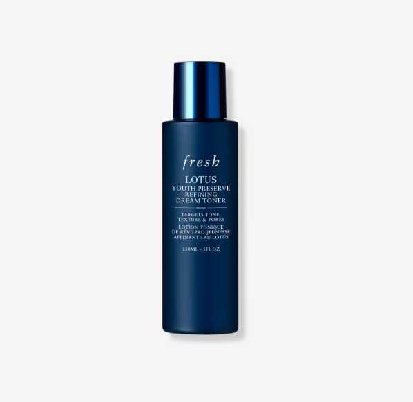 A blue bottle of Fresh Lotus Youth Preserve Refining Dream Toner.