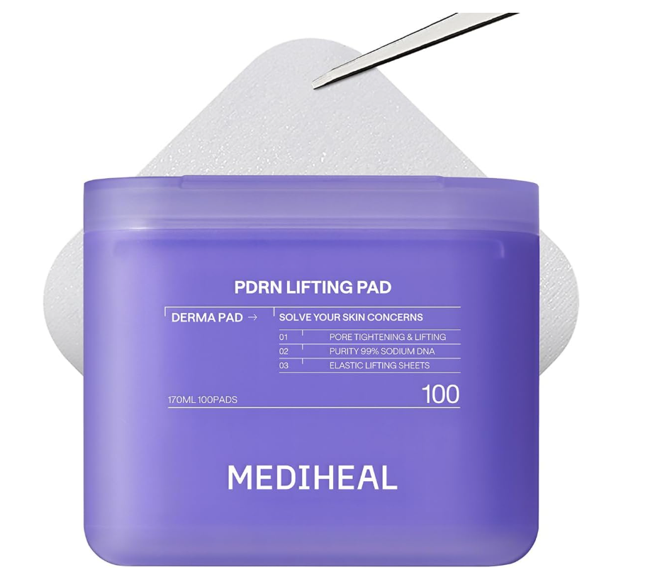 A purple container of MEDIHEAL PDRN Lifting Pad with a white foam pad and a pair of tweezers in the background.