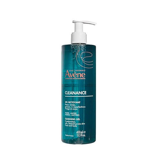 Blue bottle of Avène Cleanance cleansing gel with pump dispenser.