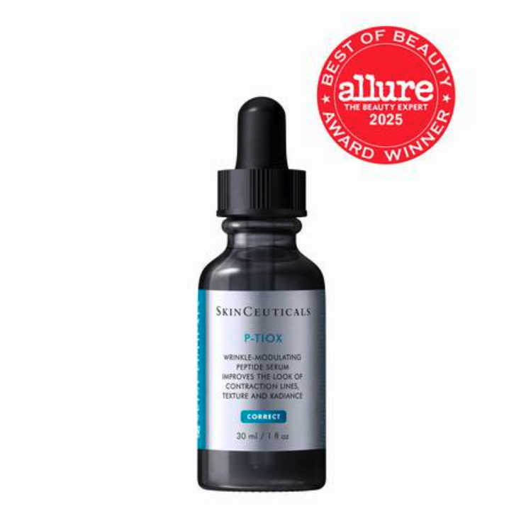 A bottle of SkinCeuticals B-Tox serum with a dropper, labeled as a wrinkle-modulating peptide serum, in front of a white background. A red Allure award badge is in the top right corner.