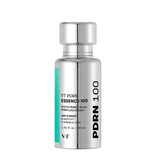 A silver skincare bottle labeled 'VT PDRN ESSENCE 100' and 'PDRN 100.000 ppm', with a teal and white design, indicating it is a moisturizer for day and night care.