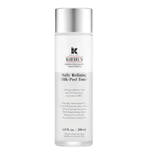 Kiehl's Daily Refining Milk-Peel Toner bottle with silver cap, white label, and black text.