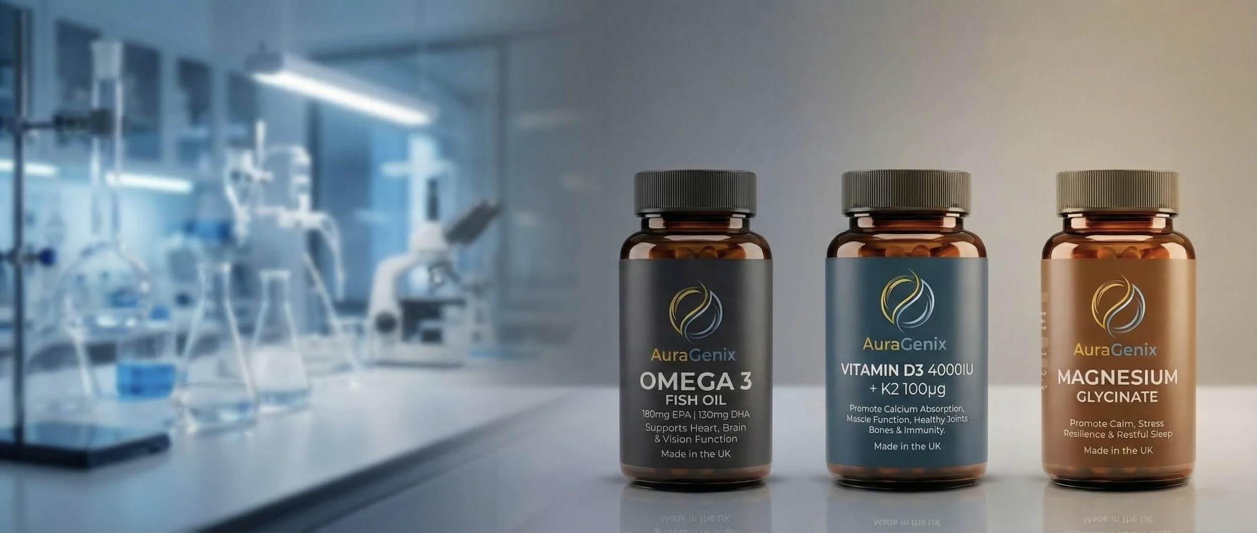 Three bottles of AuraGenix supplements on a laboratory counter with lab equipment and glassware in the background. The bottles are for Omega 3 Fish Oil, Vitamin D3 + K2, and Magnesium Glycinate.