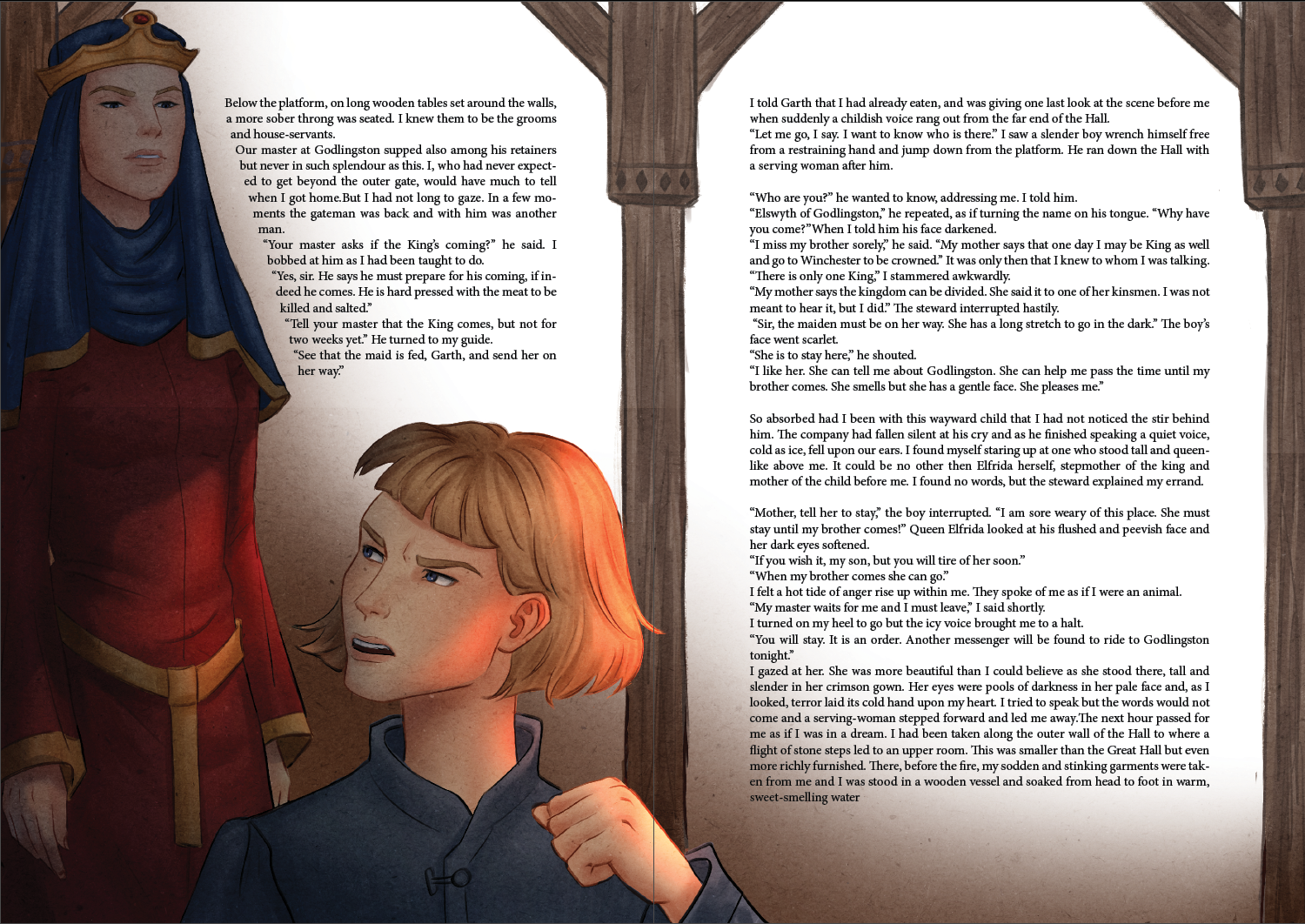 Illustration of a medieval scene with a woman in a red gown and a blue veil, and a young boy speaking, set against a background resembling an open book with text on both pages.