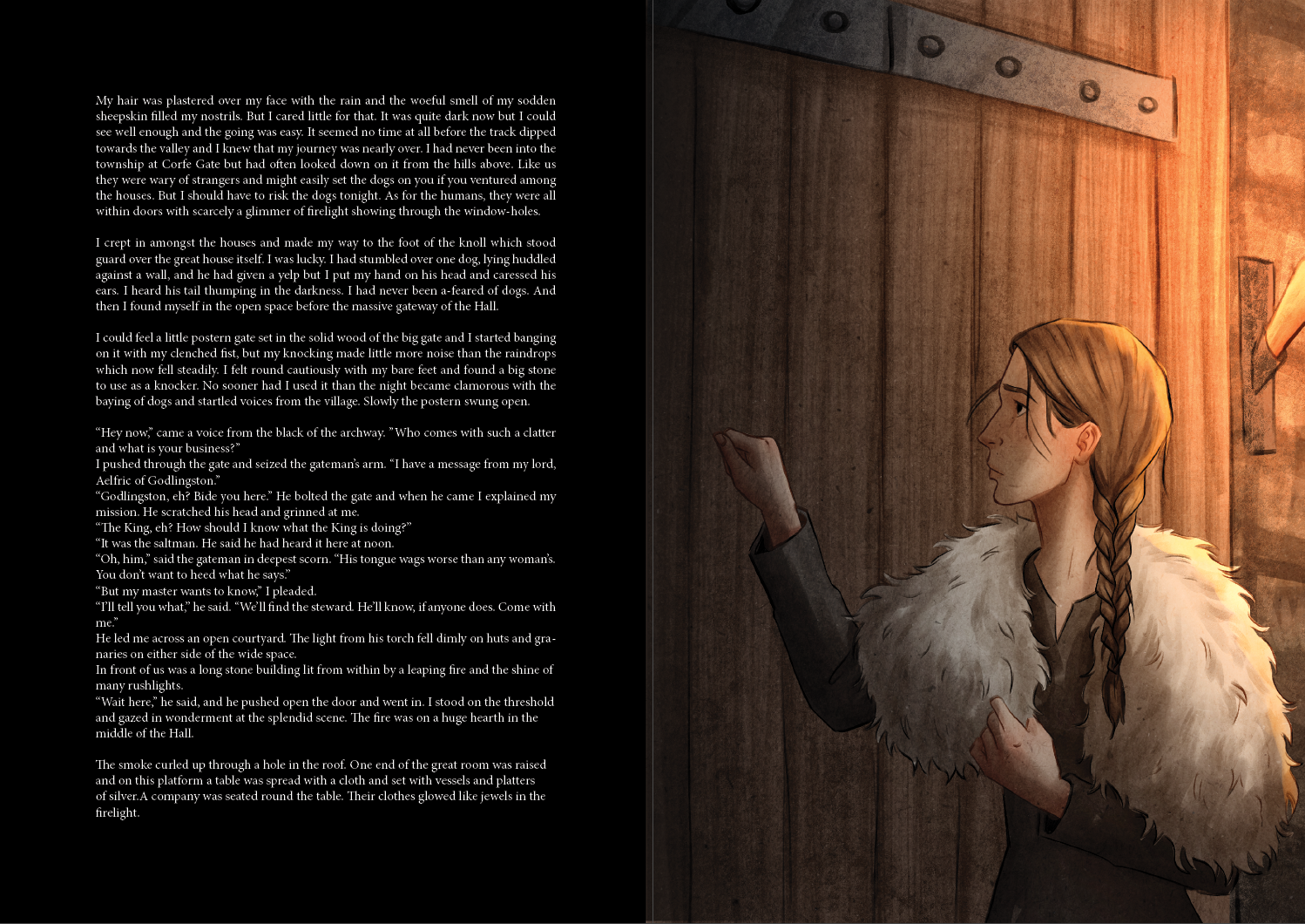 An illustrated scene of a young woman with braided hair, wearing a fur-trimmed cloak, standing inside a wooden room or hall, silhouetted against a warm, glowing light coming from the right.