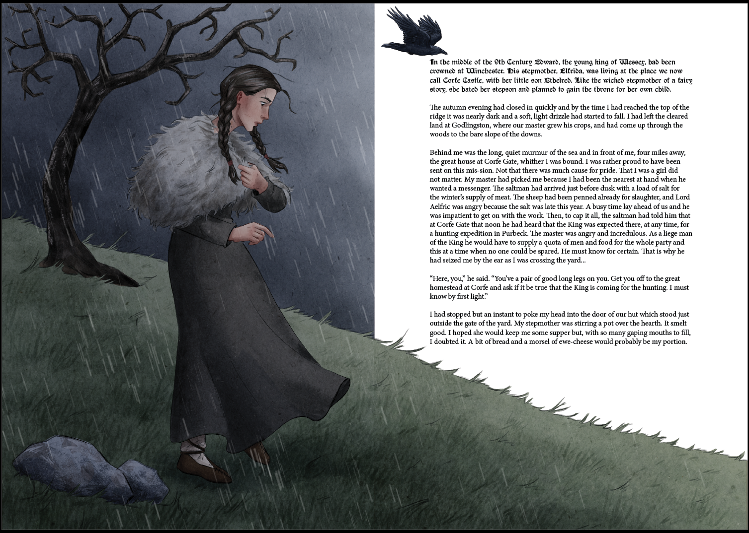 A young woman with braided dark hair wearing a fur-lined cloak, standing in the rain under a leafless tree, looking thoughtful and holding her hands close to her chest. To her right, there is a lengthy page of text with a small bird illustration at the top.