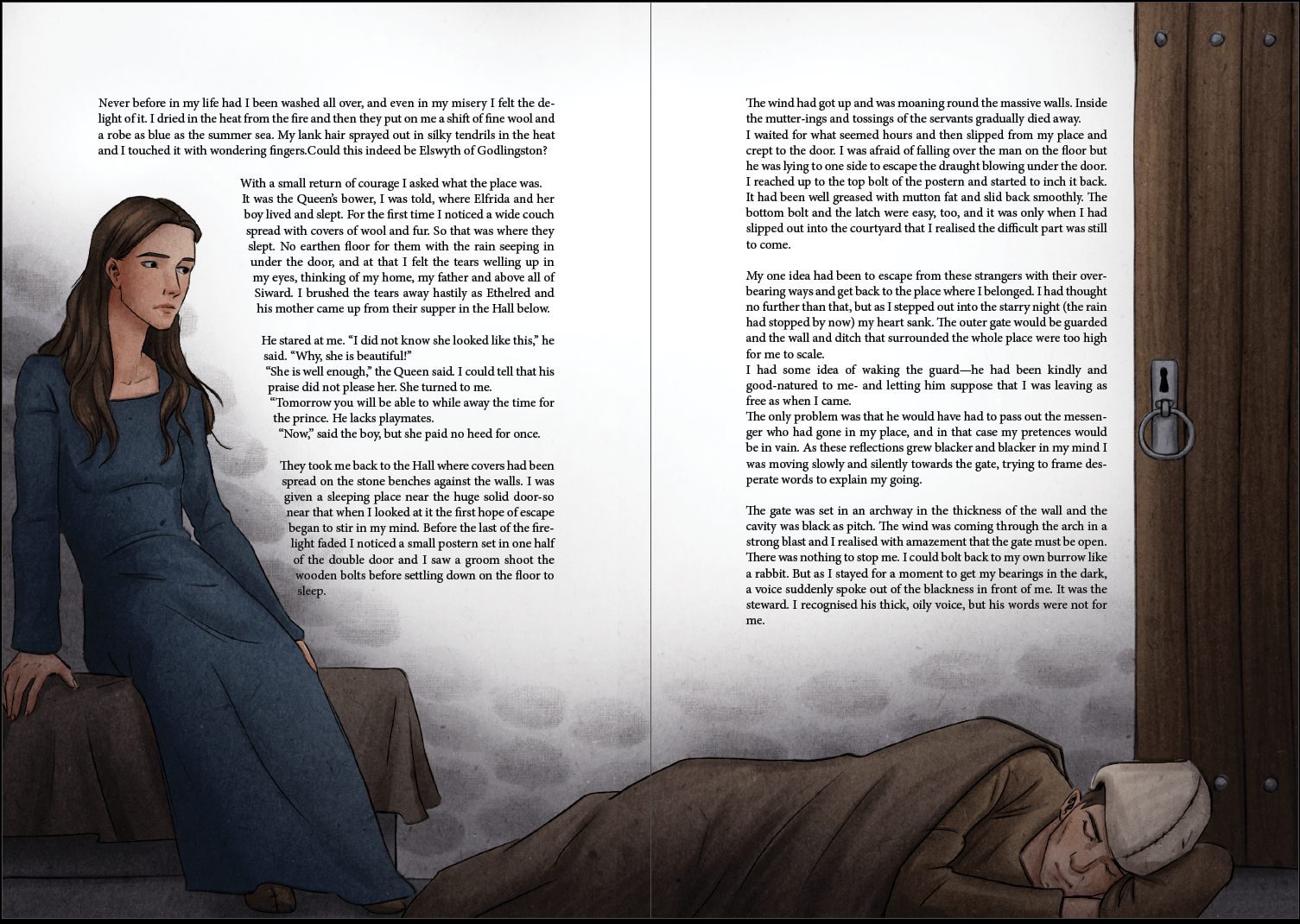 An illustrated scene of a woman with long brown hair wearing a blue dress, sitting on a bench, looking thoughtful. Beside her, a man in historical attire with a gray cap is lying on the ground, sleeping or resting with his eyes closed. The background