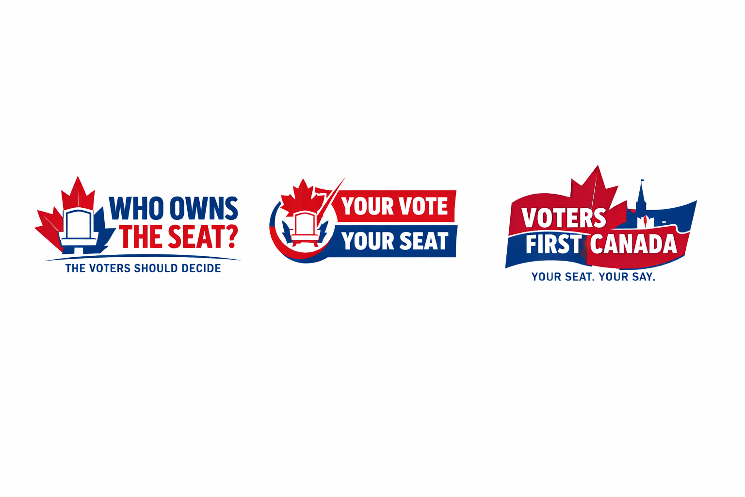 Three political campaign logos emphasizing voting and Canadian themes, featuring red and blue colors, maple leaf symbols, and slogans about voting rights and electoral participation.