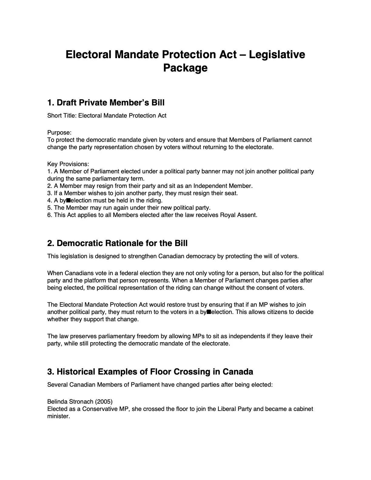 Document titled 'Electoral Mandate Protection Act - Legislative Package' outlining rules for parliament members, democratic rationale, and examples of political floor crossing in Canada.