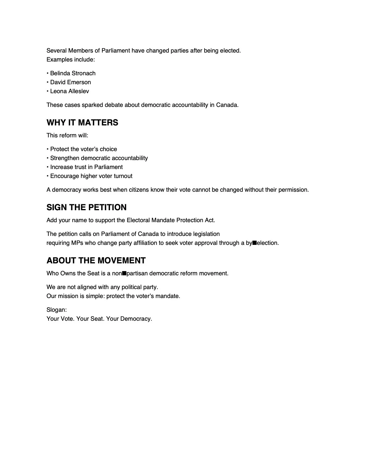 A document discussing political reform movement, including sections on why it matters, signing the petition, and about the movement.