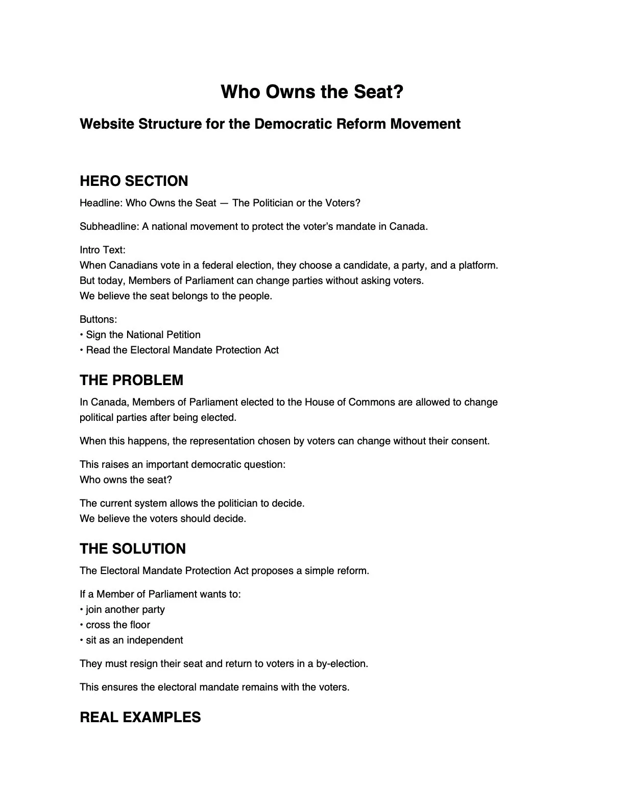 Document titled "Who Owns the Seat?" outlining website structure for the Democratic Reform Movement, including sections: Hero, Problem, Solution, and Examples, with subheadings, paragraphs, and bullet points.