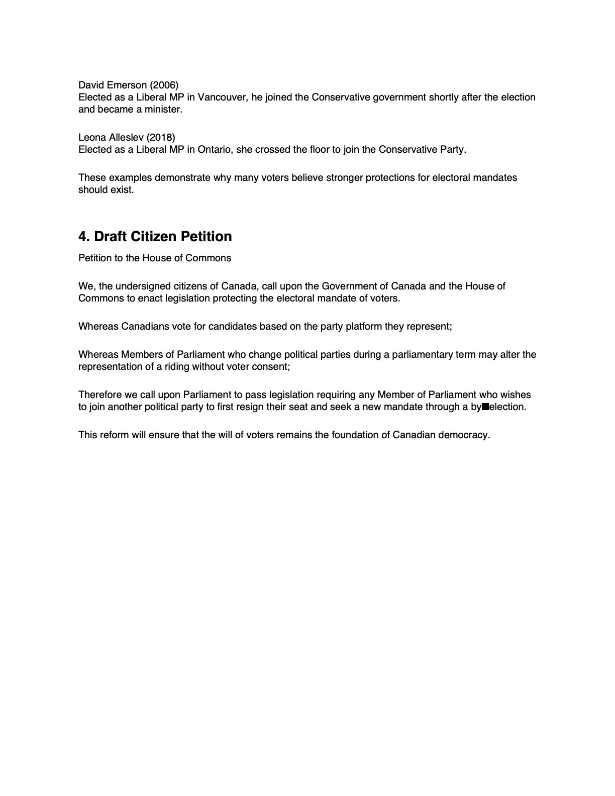 Text-based document titled 'Draft Citizen Petition' discussing legislation to protect electoral mandates of voters in Canada.
